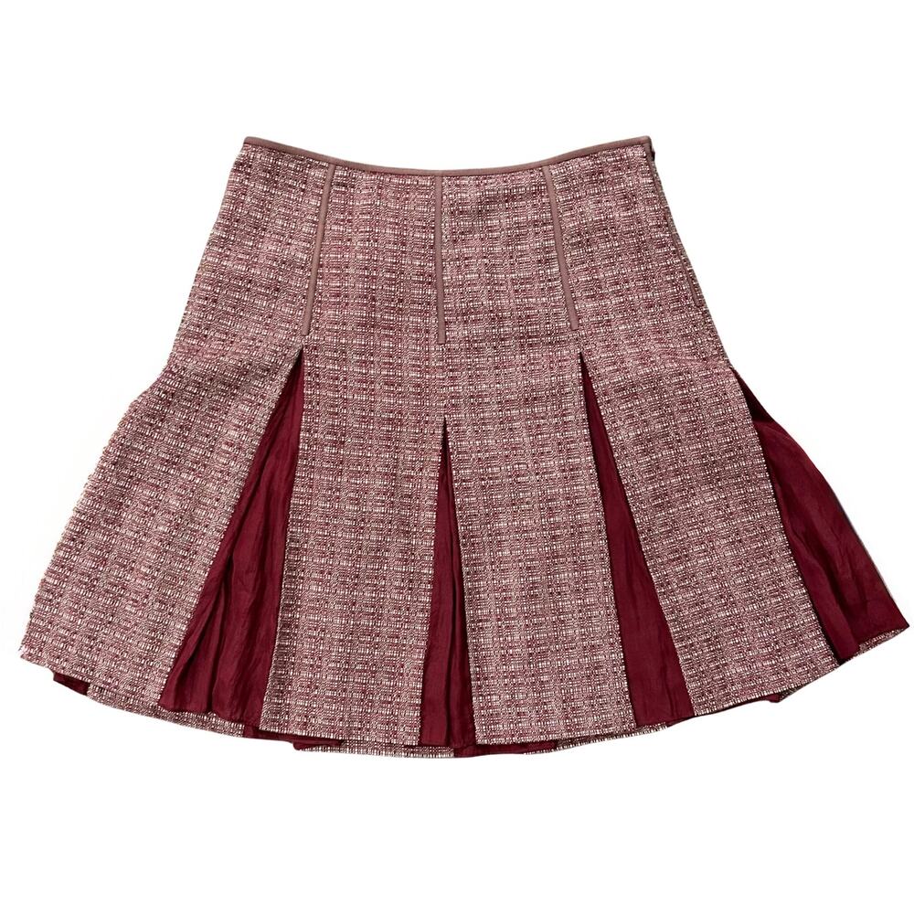 Tocca Pleated Wool Tweed Skirt Burgundy Silk Lined Size 4 A-Line